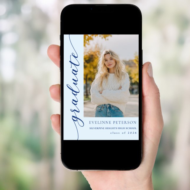 Modern Blue Script Photo Graduation Invitation (Front Digital)