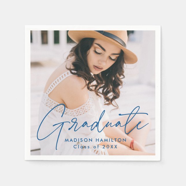 Modern Blue Script Photo Graduation Napkins (Front)