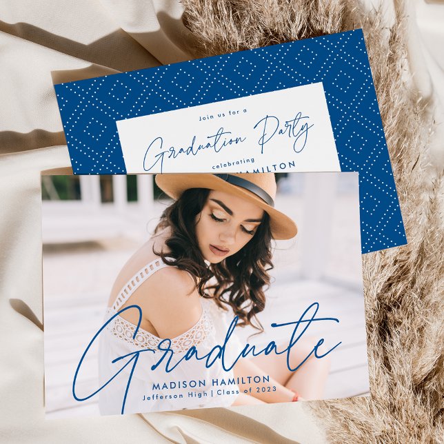 Modern Blue Script Photo Graduation Party Invitation (Creator Uploaded)