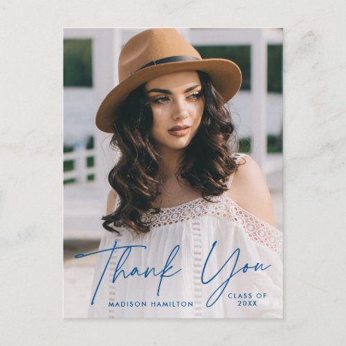 Modern Blue Script Photo Graduation Thank You Postcard