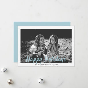 Modern Blue Script Photo Holiday Card