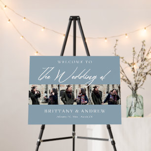 Modern Blue Script Photo Wedding Welcome Sign