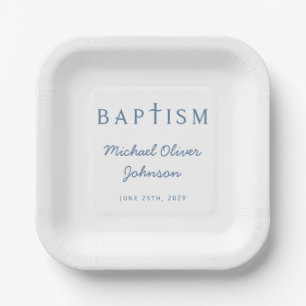Modern Blue Script Religious Cross Boy Baptism Paper Plates