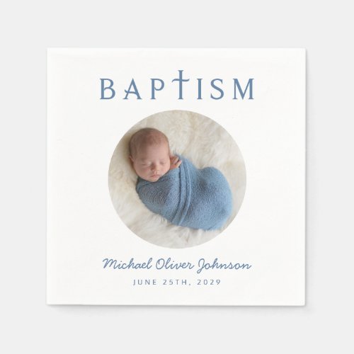 Modern Blue Script Religious Photo Baptism White Napkins