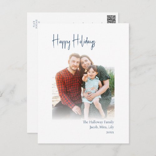 Modern Blue Script Vertical Faded Photo Happy Holiday Postcard