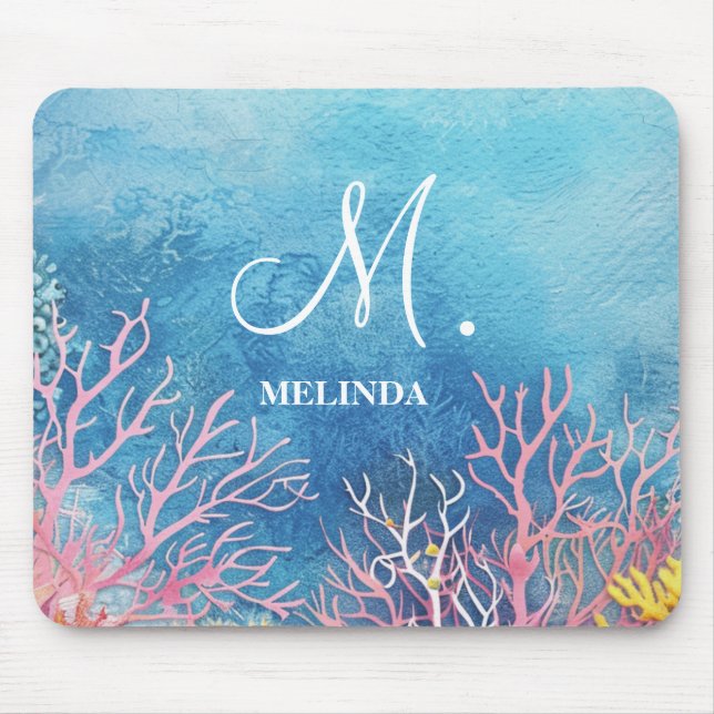  Modern Blue Sea Motif Monogram Mouse Pad (Front)
