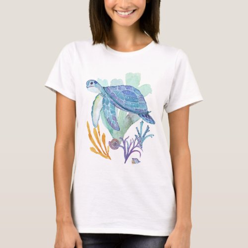 Modern Blue Sea Turtle Seashells Tropical Beach T_Shirt