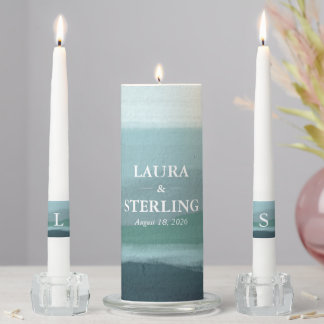 Modern Blue Seascape Art Unity Candle Set