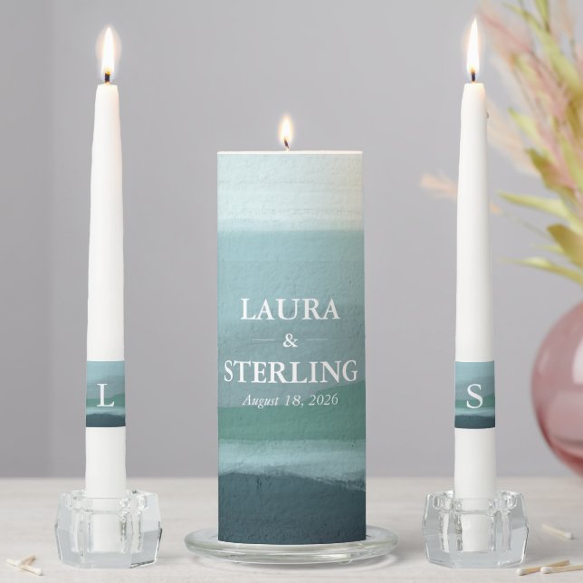 Modern Blue Seascape Art Unity Candle Set (In Situ)