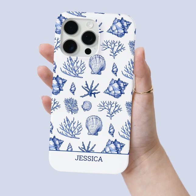 Modern Blue Seashell Custom Name Coastal Beach Case-Mate iPhone Case (Modern Blue Seashell Custom Name Coastal Beach Case-Mate iPhone Case)