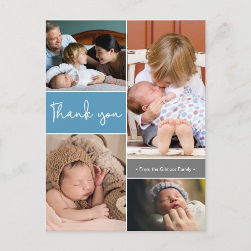 Modern Blue Second Baby Photo Collage Thank You Postcard