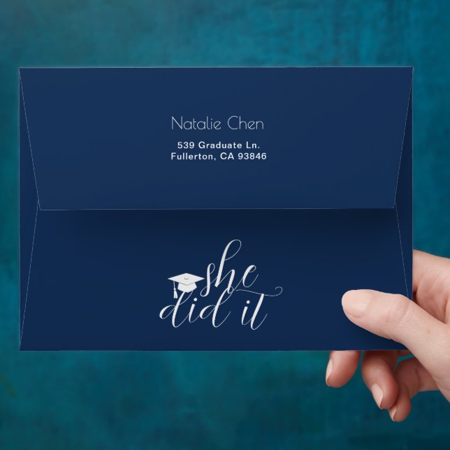 Modern Blue She Did It Graduation Announcement Envelope (Hand)