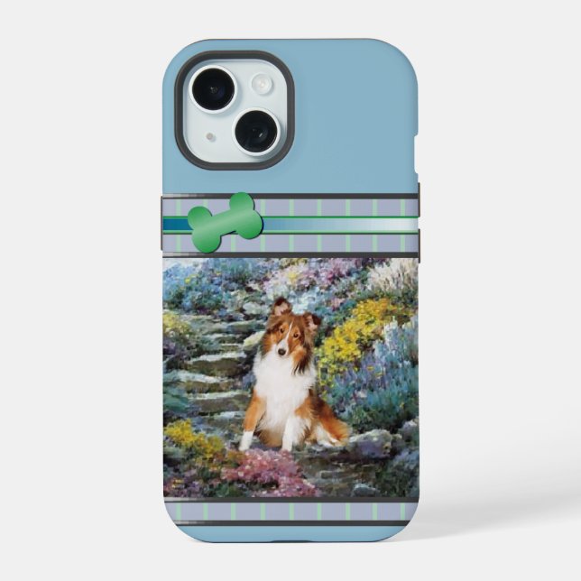 Modern Blue Shetland Sheepdog Dog Art iPhone 15 Case (Back)