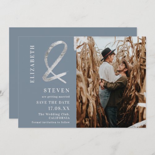 Modern blue silver ampersand photo save the date