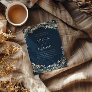 Modern Blue & Silver Botanical Wedding Foil Invitation