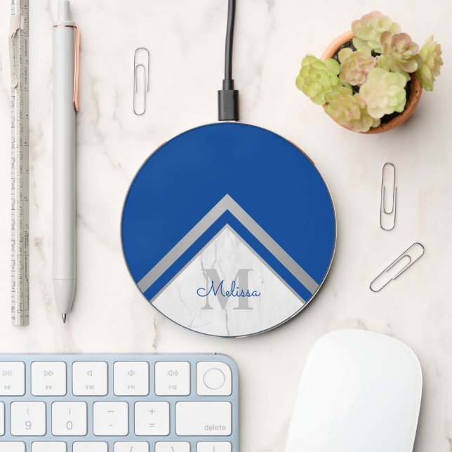 Modern Blue Silver Chevron Marble Monogrammed Wireless Charger (Desk)