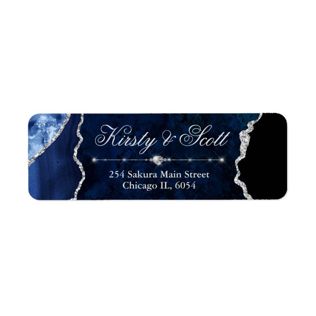 Modern Blue & Silver Faux Glitter Agate Wedding Label (Front)