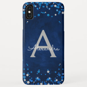 Modern Blue Silver Glitter Confetti Monogram iPhone XS Max Case