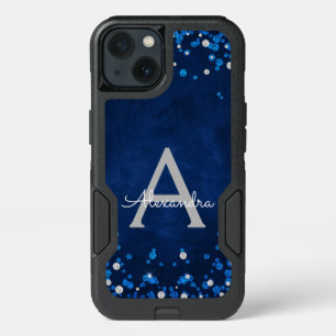 Modern Blue Silver Glitter Confetti Monogram iPhone 13 Case