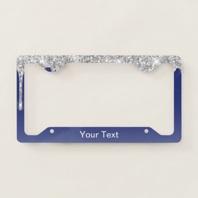 Modern Blue Silver Glitter Drips License Plate Frame (Front)