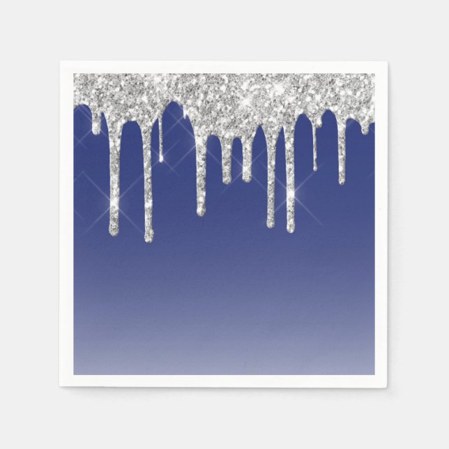 Modern Blue Silver Glitter Drips Napkins (Front)