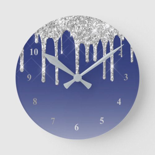 Modern Blue Silver Glitter Drips Round Clock