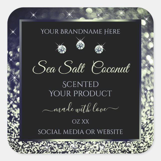 Modern Blue Silver Glitter Product Labels Diamonds (Front)