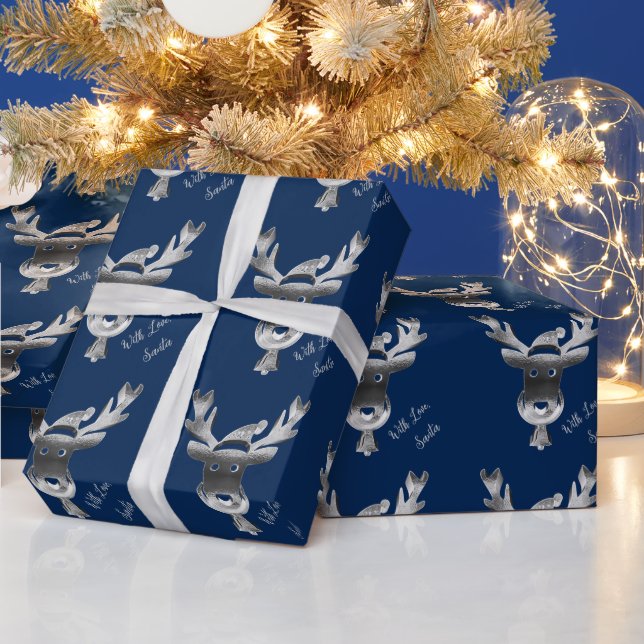Modern Blue Silver Gray Reindeer Cute Christmas Wrapping Paper (Holidays)