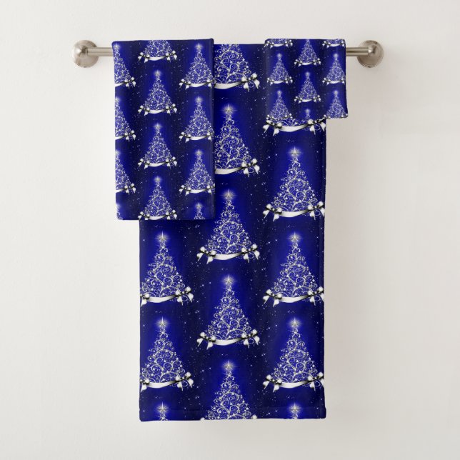 Modern Blue & Silver Holiday Tree Motif Bath Towel Set (Insitu)