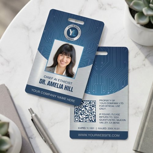 Modern Blue Silver IT Tech Employee Photo ID Badge