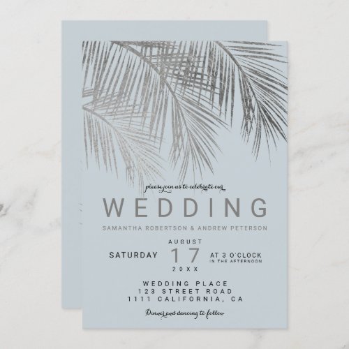 Modern blue silver palm tree elegant wedding invitation