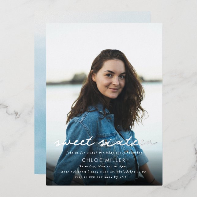 Modern Blue Silver Photo 16th Birthday  Foil Invitation (Front/Back)