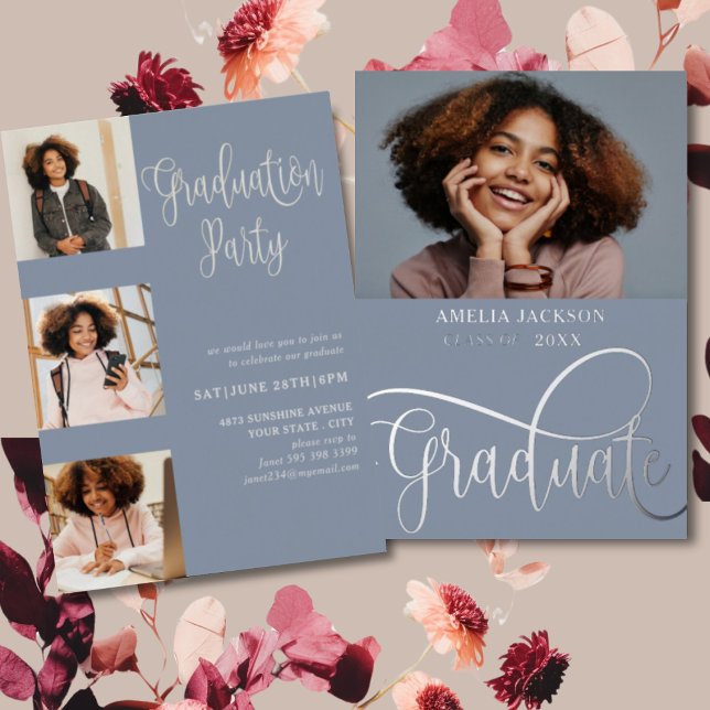 Modern Blue & Silver Photo Collage Graduate  Foil Invitation (Creator Uploaded)