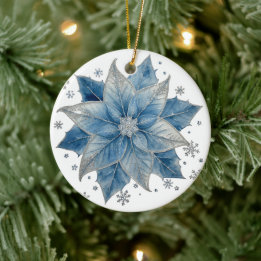 Modern Blue & Silver Poinsettia Christmas Ceramic Ornament