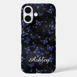 Modern Blue Silver  Script Name Butterflies iPhone 16 Case