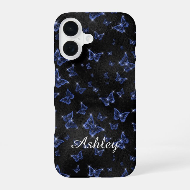 Modern Blue Silver  Script Name Butterflies Iphone Case (Back)