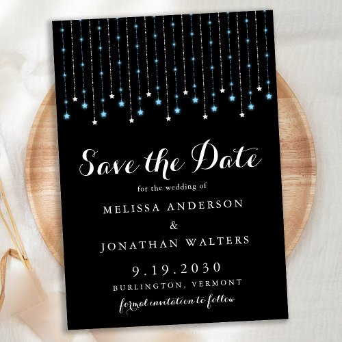 Modern Blue Silver Stars String Lights Wedding Save The Date