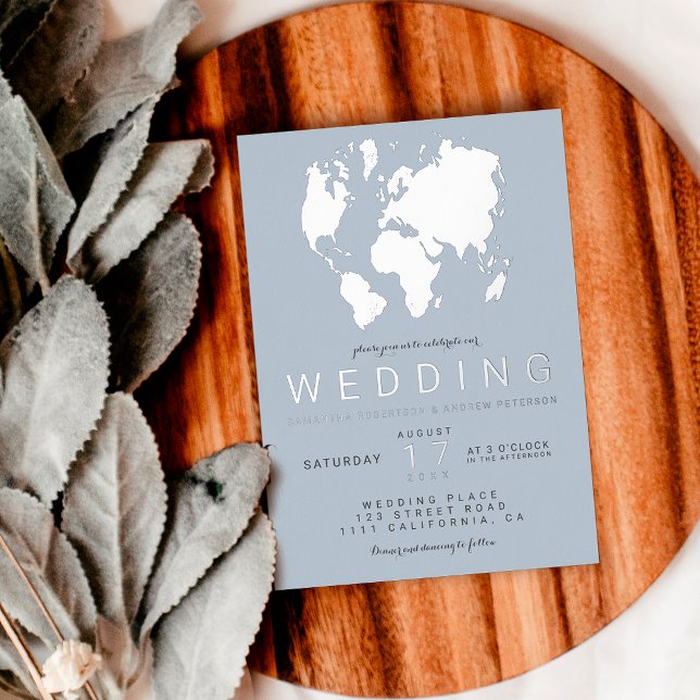 Modern blue silver world map wedding photo foil invitation (Creator Uploaded)