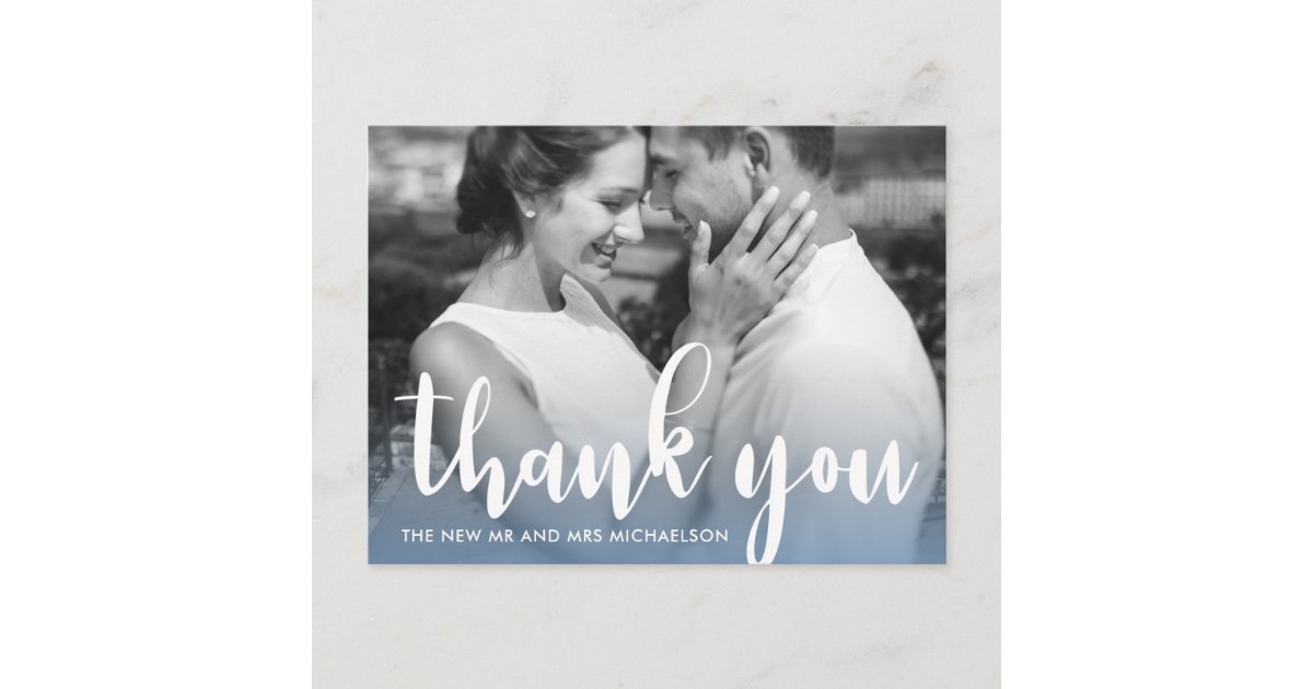 Modern Blue Simple Script Wedding Photo Thank You Postcard | Zazzle