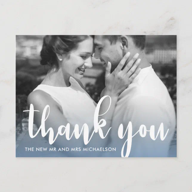 Modern Blue Simple Script Wedding Photo Thank You Postcard | Zazzle