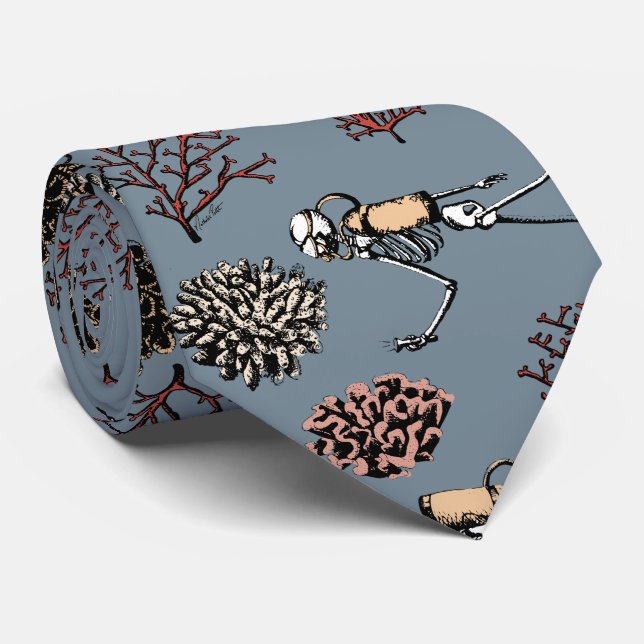 Modern Blue Skeleton Scuba Divers Necktie (Rolled)