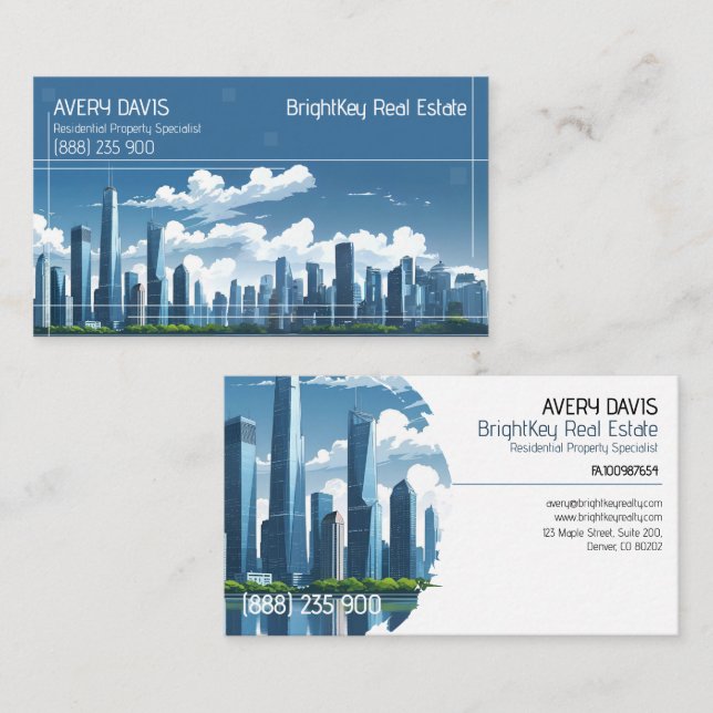 Modern Blue Skyline Real Estate  Business Card (Front/Back)