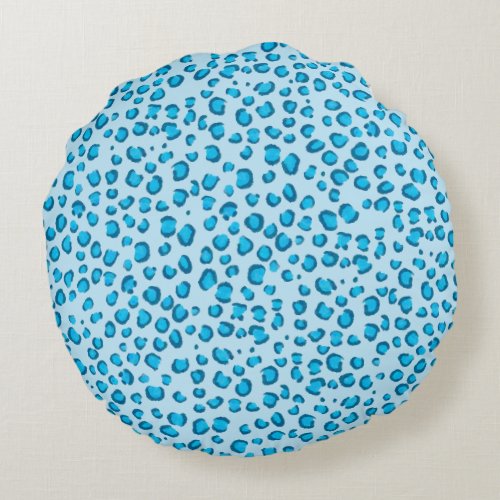 Modern Blue Snow Leopard Animal Print Pattern Round Pillow