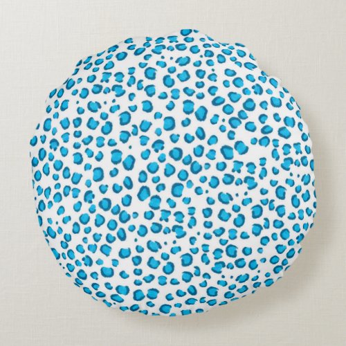 Modern Blue Snow Leopard Animal Print Pattern Round Pillow