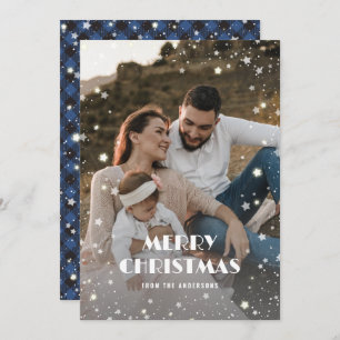 Modern Blue Snow Stars Photo Merry Christmas Holiday Card
