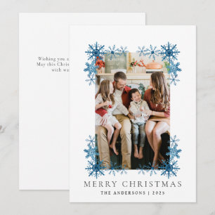 Modern Blue Snowflake Frame Family Christmas Holiday Card