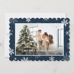 Modern Blue Snowflake Merry Christmas Photo Holiday Card