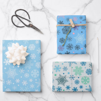Modern Blue Snowflake Pattern Set of 3 Wrapping Paper Sheets