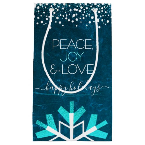 Modern Blue Snowflake Peace Joy Love Typography Small Gift Bag