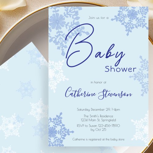 Modern Blue Snowflake Winter Baby Shower Invitation